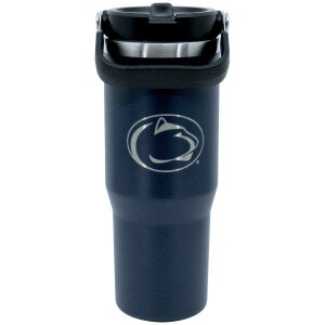 navy water bottle with Penn State Athletic Logo, straw, and carry handle